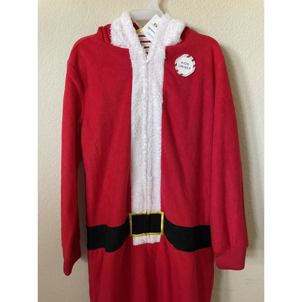 North Pole Red Santa Unisex Hooded Long Sleeve Fleece One Piece Pajama Size S 8